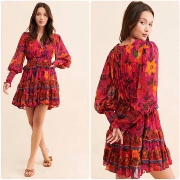 Farm Rio Tropical Tapestry Long-Sleeve Tiered Mini Dress Boho Small - Picture 13 of 13